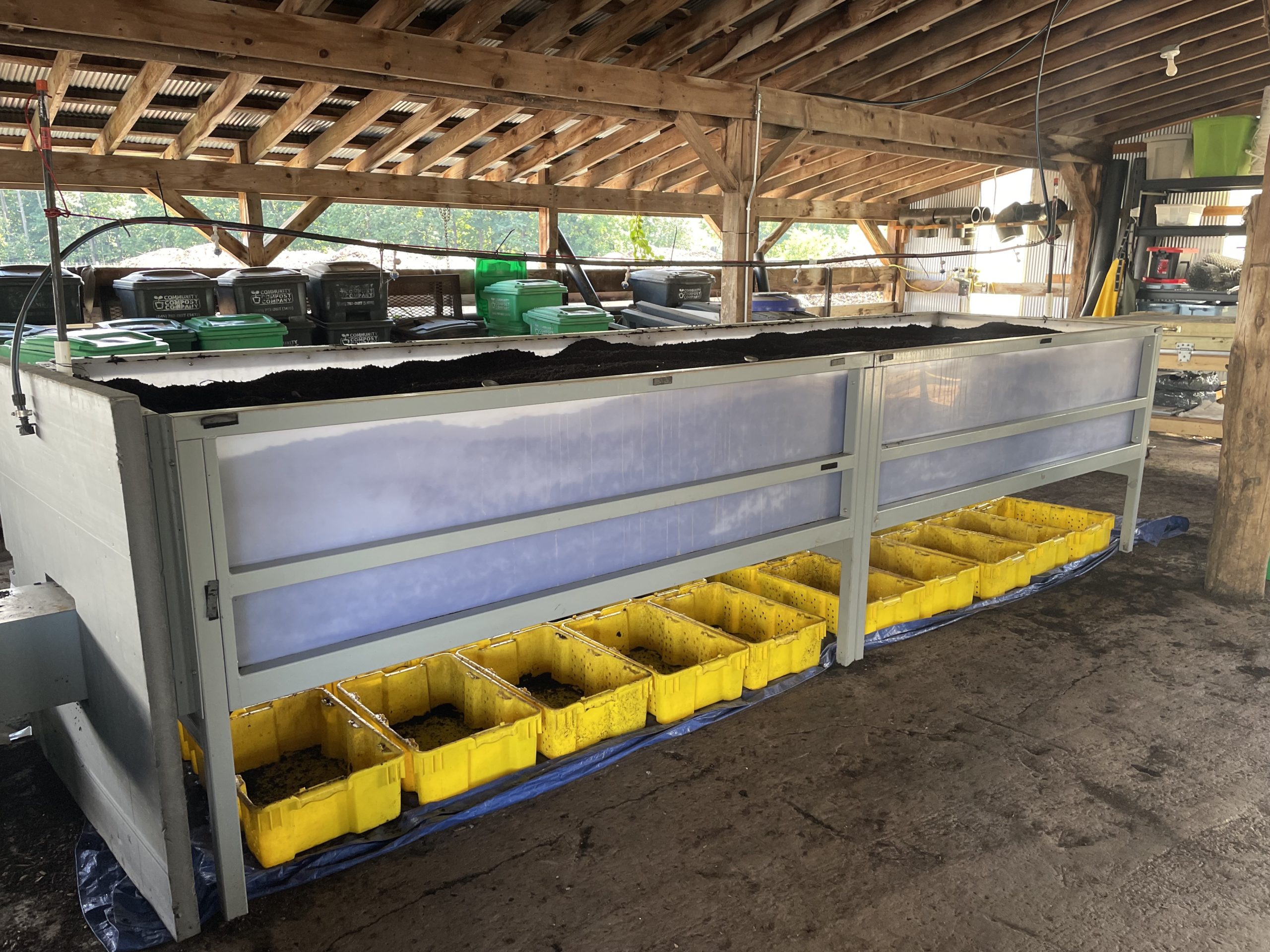 Wormgear Continuous Flow Through (CFT) vermicomposting system with yellow collection bins in a sheltered farming environment.