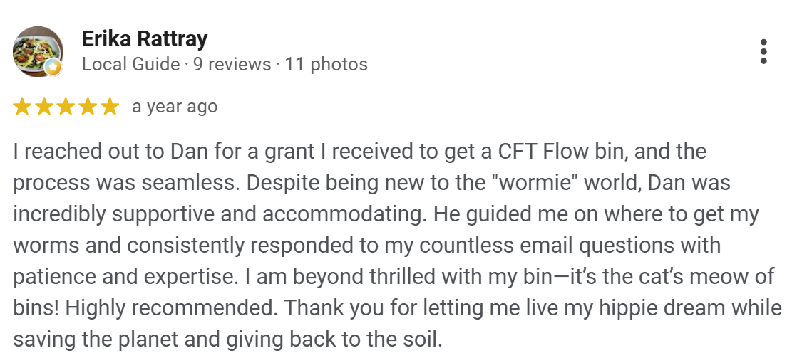 Customer Review Wormgear This is a screenshot of a google review from Erika Rattray. She talks about her experience with Wormgear and how Dan helped her.